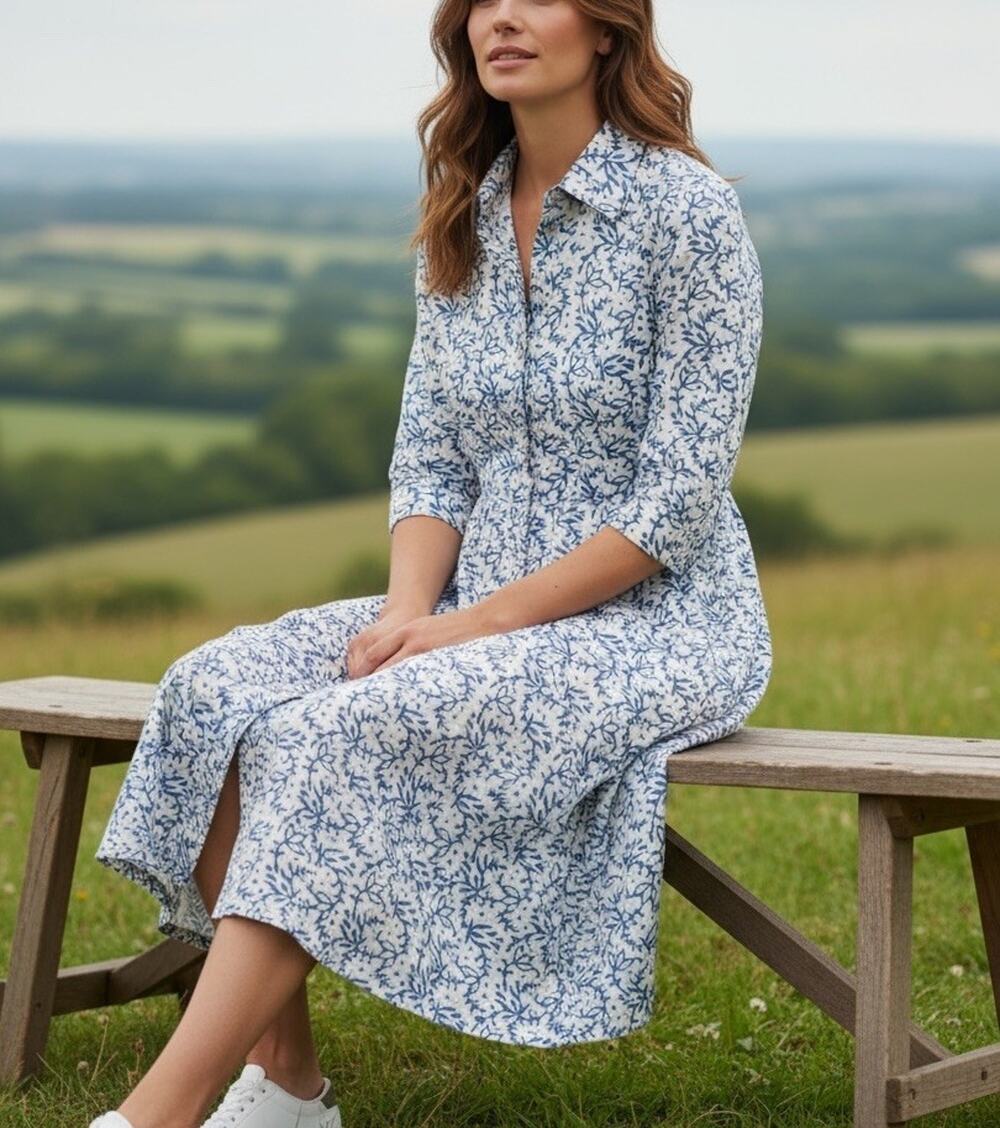Livro Kurta Blue White Floral Print Cottagecore Prairie Preppy Cotton Dress XS